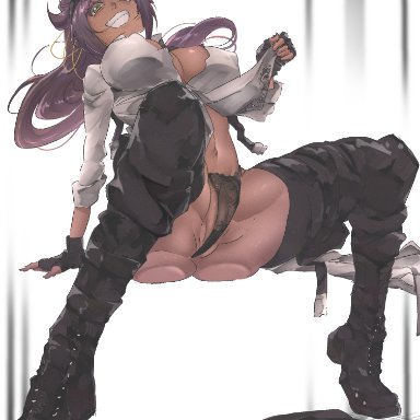 bleach, shihouin yoruichi, maxi, 1girls, arm support, ass, big ass, big breasts, biker, biker girl, boots, bottomless, bottomless female, brown skin, cleavage