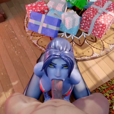 blizzard entertainment, christmas, overwatch, overwatch 2, amelie lacroix, widowmaker, artist request, 1boy, 1girls, big penis, blowjob, blue hair, blue skin, breasts, deepthroat