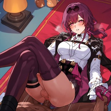 honkai: star rail, kafka (honkai: star rail), untoucherble, 1boy, 1futa, anal, athletic futanari, blush, clenched teeth, clothed futanari nude male, dark-skinned male, futa sans pussy, futanari, futanari penetrated, futasub