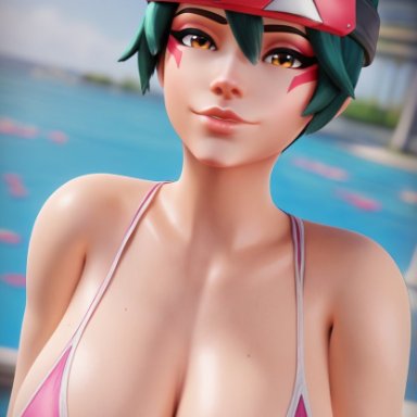 overwatch, overwatch 2, kiriko (overwatch), kiriko kamori, galszip, big breasts, cute, green hair, huge breasts, orange eyes, pink swimsuit, swimsuit, swimwear, 3d, ai generated