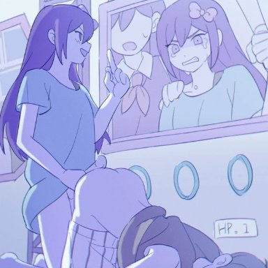 omori, aubrey (headspace), aubrey (omori), omori (character), artist request, gnail, 1boy, 1futa, all fours, anal, anal sex, before anal, bottomless, clothed, clothing