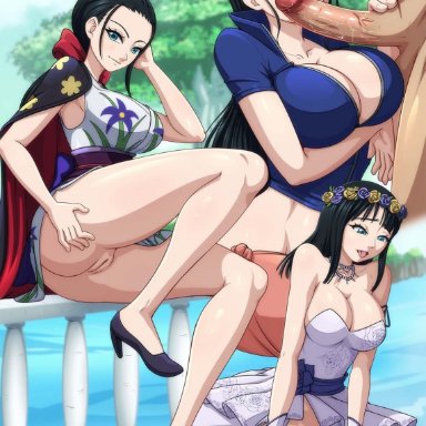 one piece, nico robin, reit, 1boy, big breasts, black hair, blowjob, clothed, clothed female nude male, clothed sex, cowgirl position, female, female focus, male, multiple poses