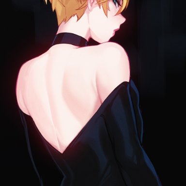 pyrocynical, qt0ri, 1boy, blonde hair, choker, crossdressing, emotionless, expressionless, femboy, from behind, looking at viewer, looking back, male, male only, short hair