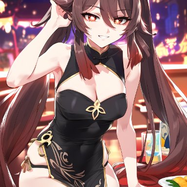 genshin impact, hu tao (genshin impact), 1girls, asian clothing, brown hair, china dress, chinese clothes, red eyes, twintails, ai generated, nai diffusion, stable diffusion