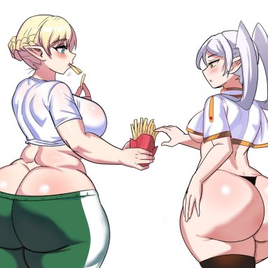 plus-sized elf, sousou no frieren, elfuda (plus-sized elf), frieren, ytrall, 2girls, ass, blonde hair, breasts, bubble butt, elf, elf ears, elf female, female, green eyes