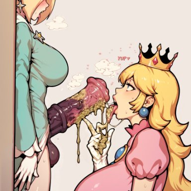 mario (series), princess peach, princess rosalina, 1futa, 1girls, big breasts, big penis, erection, futanari, horse penis, horsecock, horsecock futanari, imminent sex, smegma, tongue out