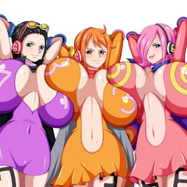 one piece, nami, nico robin, vinsmoke reiju, k-trance, koktter, 3girls, arms behind head, black hair, breasts, female, female only, germa 66, germa 66 (cosplay), huge breasts