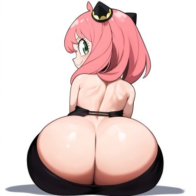 spy x family, anya forger, unknown artist, 1girls, aged up, ass, back view, big ass, bubble butt, green eyes, hairpods, huge ass, pink hair, sitting, smile