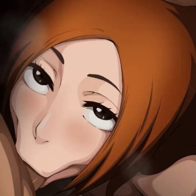 bleach, inoue orihime, bigdarkpp, iwao178, :&gt;=, 1boy, 1girls, all the way to the base, big breasts, blowjob, blush, breasts, brown eyes, cock hungry, completely nude
