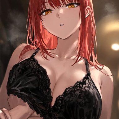 chainsaw man, makima (chainsaw man), artist request, unknown artist, arm grab, big breasts, bob cut, bra, bra removed, breast grab, breast squeeze, breast squish, hand on arm, hand on breast, lingerie