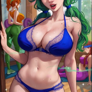 stardew valley, caroline (stardew valley), aroma sensei, 3girls, bare arms, bare shoulders, big breasts, blush, bra, breasts, bust, busty, chest, clothed, clothing