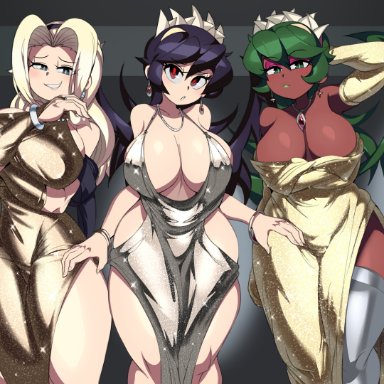 skullgirls, amelia medici, filia (skullgirls), fukua (skullgirls), captain kirb, 3girls, black hair, blonde hair, breasts, chocolate and vanilla, cleavage, dark skin, dark-skinned female, dress, female