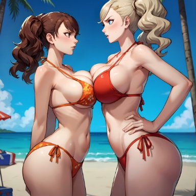 persona, persona 4, persona 5, ann takamaki, kujikawa rise, lt4 ai, 2girls, beach, big breasts, bikini, blonde hair, blue eyes, breast press, breasts, brown eyes