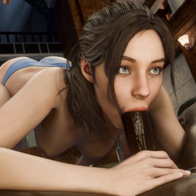 resident evil, resident evil 2 remake, claire redfield, echiee, 1boy, 1girls, areolae, blowjob, blowjob face, breasts, dark skin, dark-skinned male, exposed breasts, fellatio, indoors