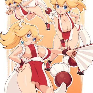 fatal fury, king of fighters, mario (series), nintendo, snk, mai shiranui (cosplay), princess peach, deumosden, dmxwoops, 1girls, big breasts, blonde hair, blue eyes, cosplay, earrings