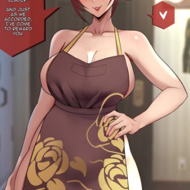 atlus, persona, persona 3, mitsuru kirijo, lainart, 1girl, 1girls, apron, blush, breasts, brown apron, cleavage, cowboy shot, female, hair over one eye