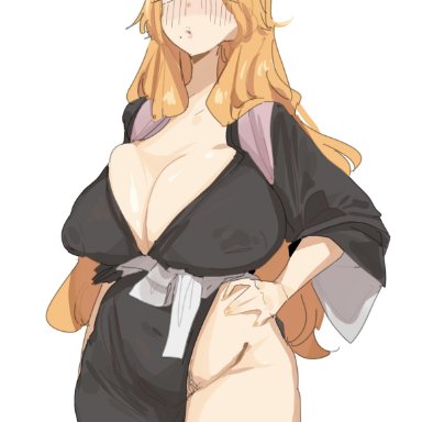 bleach, matsumoto rangiku, leebongchun, 1girls, black kimono, blue eyes, blush, blush lines, breast squeeze, breast squish, breasts, female, ginger, ginger hair, hair over shoulder