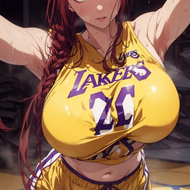 chainsaw man, makima (chainsaw man), breasts, huge breasts, jersey, naughty face, nsfw, red hair, sweat, sweating, yellow eyes, ai generated