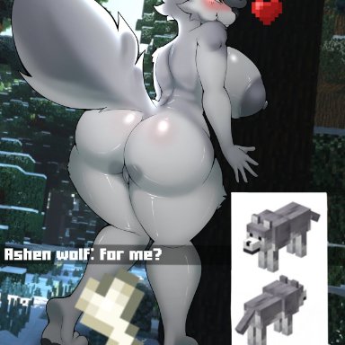 minecraft, ashen wolf (minecraft), wolf (minecraft), elzorrogomita, anthro, areola, ass, back view, big areola, big ass, big breasts, big nipples, big thighs, breasts, female