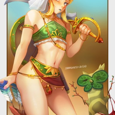 breath of the wild, tears of the kingdom, the legend of zelda, gerudo link, hylian, korok, link, steamed egg, blonde hair, blue eyes, chastity cage, clothing, femboy, gerudo outfit, gerudo veil