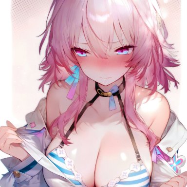 honkai: star rail, march 7th (honkai: star rail), artist request, blue eyes, blush, blush lines, blushing, cleavage, embarrassed, female, female only, large breasts, magenta eyes, pink hair, two tone eyes