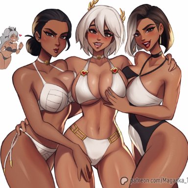 fortnite, antonia (fortnite), aphrodite (fortnite), nisha (fortnite), magaska19, 3girls, bikini, blush, dark skin, large breasts, one piece swimsuit, simple background, tan skin, yuri, highres