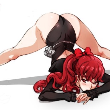 atlus, persona, persona 5, persona 5 royal, sega, kasumi yoshizawa, sumire yoshizawa, minacream, 1girls, ass, ass up, bare thighs, barefoot, bow, face down ass up