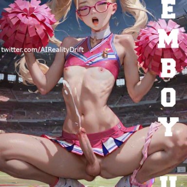 ai reality drift, 1boy, balls, blonde hair, cheerleader, college, crossdressing, cum, cumming, cute male, femboy, femboy cheerleader, feminine male, flat chest, glasses