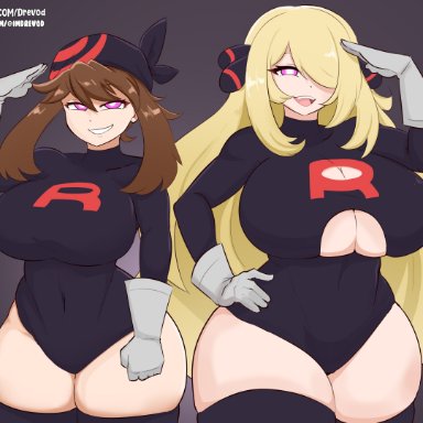 nintendo, patreon, pokemon, cynthia (pokemon), may (pokemon), team rocket, drevod, 2girls, black leotard, blonde hair, brown hair, busty, female, female only, gloves