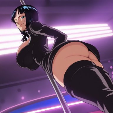 one piece, nico robin, artist request, big breasts, black hair, black legwear, blue eyes, female, female only, neon lights, nightclub, solo, thick thighs, thighhighs, thong