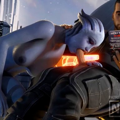 mass effect, asari, commander shepard, liara t'soni, maleshep, niisath, 1boy, 1girls, blowjob, blue skin, clothed female nude male, fellatio, female, male, nude female