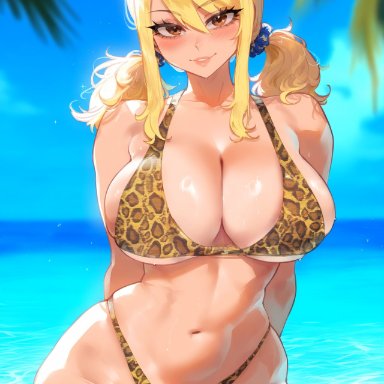 fairy tail, lucy heartfilia, creamy ai, bikini, blonde hair, brown eyes, curvy, huge breasts, thick thighs, wide hips, ai generated, patreon username