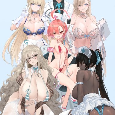 blue archive, akane (blue archive), asuna (blue archive), karin (blue archive), neru (blue archive), sensei (blue archive), toki (blue archive), dishwasher1910, 1boy, 5girls, ahoge, alternate breast size, alternate costume, angry, annoyed