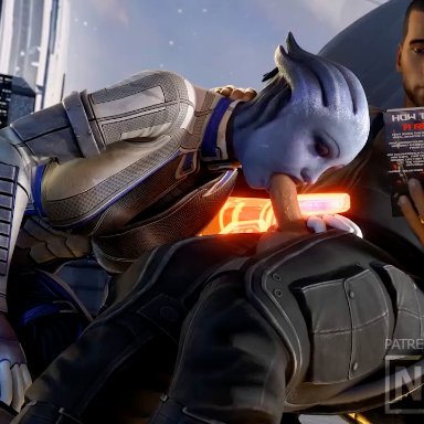 mass effect, asari, commander shepard, liara t'soni, maleshep, niisath, 1boy, 1girls, blowjob, blue skin, clothed, fellatio, female, male, reading