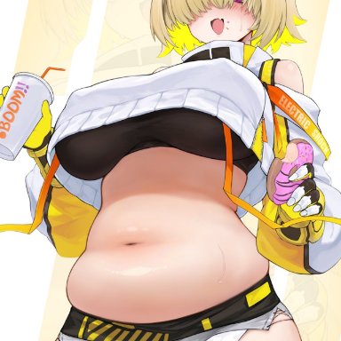 goddess of victory: nikke, elegg (nikke), 1girl, big breasts, black topwear, blonde hair, blush, booty shorts, breasts, chin length hair, chubby, chubby belly, chubby female, donut, female