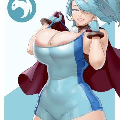 nintendo, pokemon, pokemon gsc, clair (pokemon), materclaws, areola, areolae, areolae slip, big breasts, big-thighs, blue gloves, blue hair, breasts, child bearing hips, cleavage