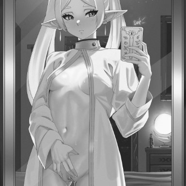 sousou no frieren, frieren, ass visible through thighs, bottle, breasts, cellphone, chest of drawers, closed mouth, coat, cowboy shot, earrings, elf, female, fingernails, hand up