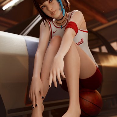 life is strange, max caulfield, ubermachineworks, 1girls, barefoot, basketball, blue eyes, blue hair, brown hair, clothed, feet, female, female only, foot fetish, freckles