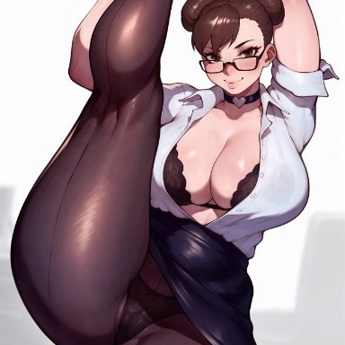 street fighter, chun-li, neolurker, alternate costume, asymmetrical bangs, black skirt, bra, button down shirt, choker, cleavage, double bun, female, flashing, flashing panties, glasses