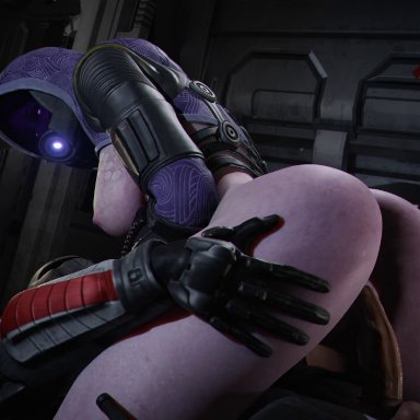 mass effect, commander shepard, quarian, tali'zorah nar rayya, facelesstrigger, 1girl1boy, 1girls, alien girl, armor, athletic female, cowgirl position, female, on top, partially clothed, purple skin