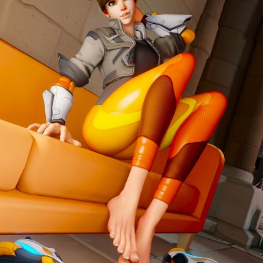 overwatch, overwatch 2, lena oxton, tracer, b9n, 1girls, barefoot, big feet, feet, foot fetish, shoes removed, socks removed, soles, toes