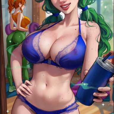 stardew valley, caroline (stardew valley), aroma sensei, 3girls, breasts, bust, busty, chest, curvaceous, curvy, curvy figure, cute, cute face, female, female focus