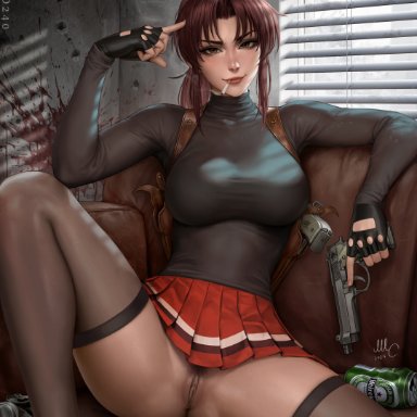 black lagoon, revy, sciamano240, 1girls, athletic, athletic female, beer can, big breasts, black clothing, black gloves, black stockings, black sweater, black tattoo, blood splatter, bottomless