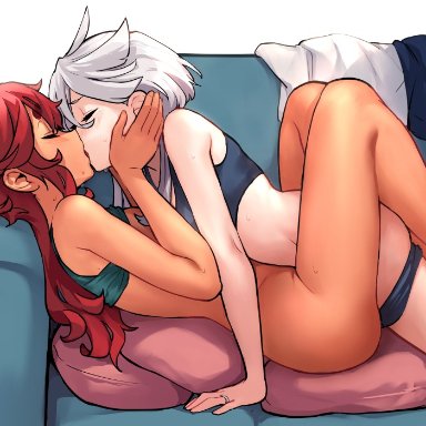 gundam, gundam suisei no majo, miorine rembran, suletta mercury, mitsu (tendou itsuki), 2girls, barefoot, bra, bra lift, breasts, canon couple, couch, feet, female on female, female/female