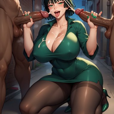 one-punch man, fubuki (one-punch man), vertiloart, 1girls, 2boys, cum, cum on breasts, cum on face, dark skin, dark-skinned male, double handjob, ejaculation, fingernails, green dress, green nails