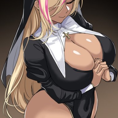 original, original character, drogod (artist), 1girls, blonde hair, breasts, female, gyaru, hips, large breasts, long hair, nun, nun outfit, nun's habit, tan