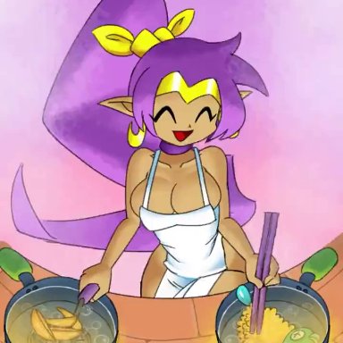 shantae, shantae (character), minus8, apron, apron only, bent over, big breasts, chopsticks, cleavage, closed eyes, cooking, dancing, earrings, grease, happy