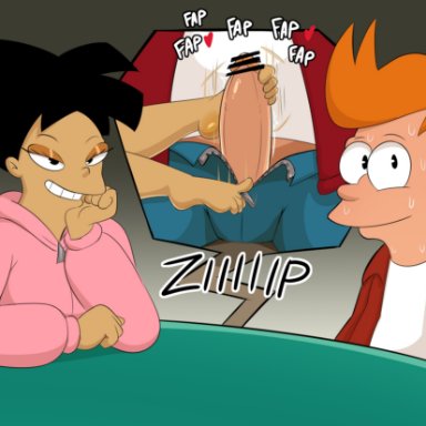 futurama, amy wong, philip j fry, spakka5, 1boy, 1girls, asian, asian female, barefoot, big penis, black hair, boner, clothed, erection, feet