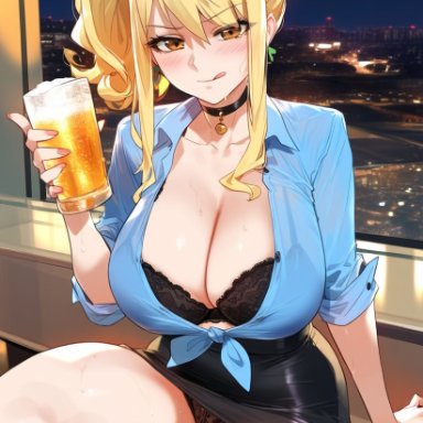 fairy tail, lucy heartfilia, laino airt, 1girls, bare legs, bare thighs, beer, big breasts, blonde hair, blush, clothed, clothing, female, female focus, female only