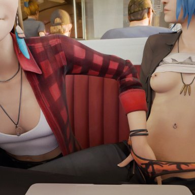 life is strange, chloe price, joyce price, rachel amber, quilsfm, 2girls, blue hair, breasts out, camera, camera view, clothed, diner, exhibitionism, female, female only